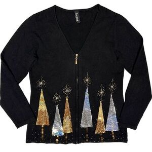 Vintage Berek Christmas Trees Gold Silver Sequined Black Zip Cardigan Holiday M